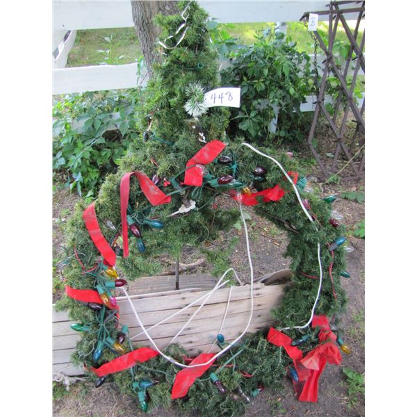 Christmas wreath  wood toboggan and Christmas tree