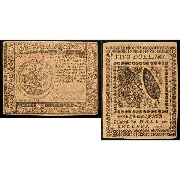 Continental Currency. CC-50, November 2, 1776. Five Dollars. PMGChoice AU50. Nicely inked