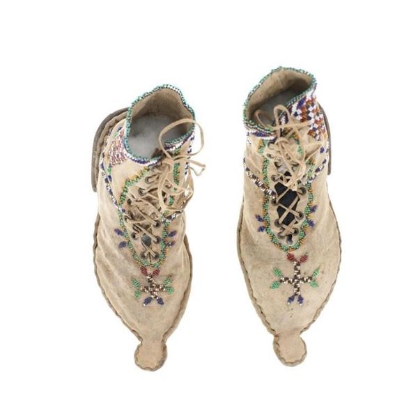 19th C. Mescalero Apache Beaded High-Top Moccasins