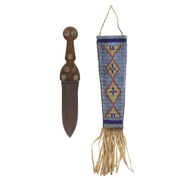 19th-C. Northern Plains Dag Knife & Beaded Sheath