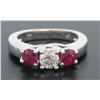 Image 4 : 14k White Gold 3 Stone Engagement Ring w/ Ctr Round Diamond & 2 Blood Red Rubies
