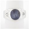 Mens Vintage 14K White Gold Bezel Star Sapphire & Diamond Florentine Finish Ring
