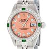 Rolex Ladies Quickset Stainless Steel Salmon Diamond And Emerald Wristwatch 26MM