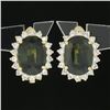 Image 2 : Estate 14K Gold 8.18 ctw GIA NO HEAT Oval Green Sapphire & Diamond Halo Earrings