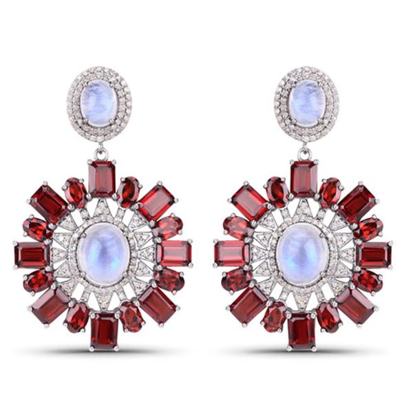 Moonstone, Garnet, and Diamond Sunburst Earrings