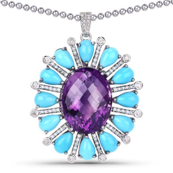 Amethyst, Turquoise, & Diamond Art Nouveau Pendant