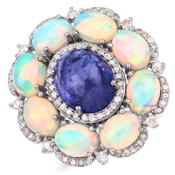 Tanzanite, Opal, and Diamond Chunky Flower Ring