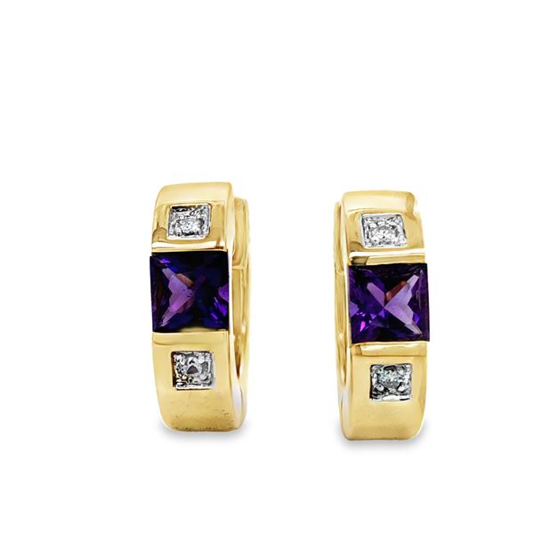 Square Gem Amethyst & Diamond Huggie Earrings