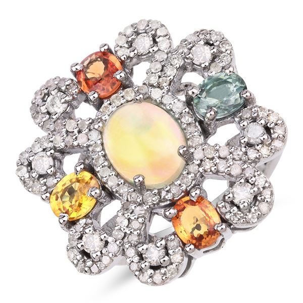 Opal, Multi-Colored Sapphire and Diamond Ring