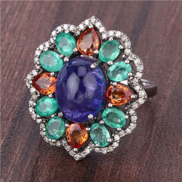 Tanzanite Orange Sapphire & Emerald Ring