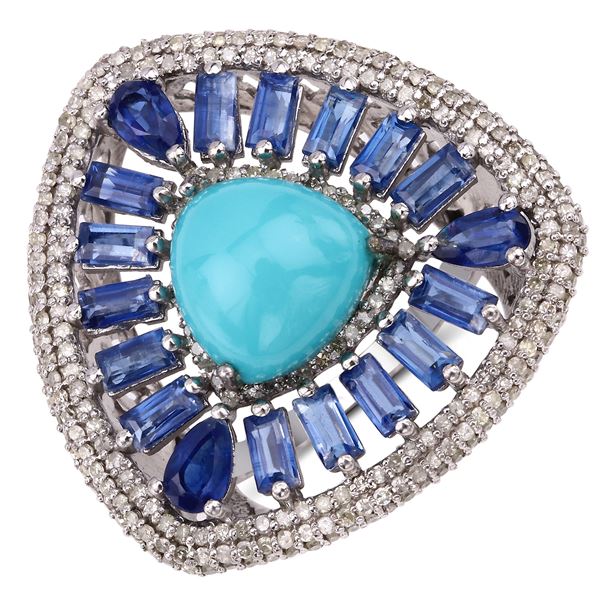 Turquoise, Kyanite and Diamond Ring