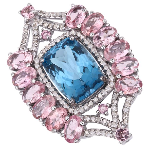 Pink Tourmaline, Blue Topaz and Diamond Fashion Ring