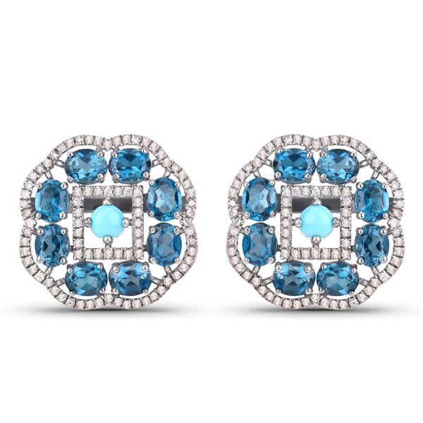 Stylish Blue Topaz, Turquoise and Diamond Earrings