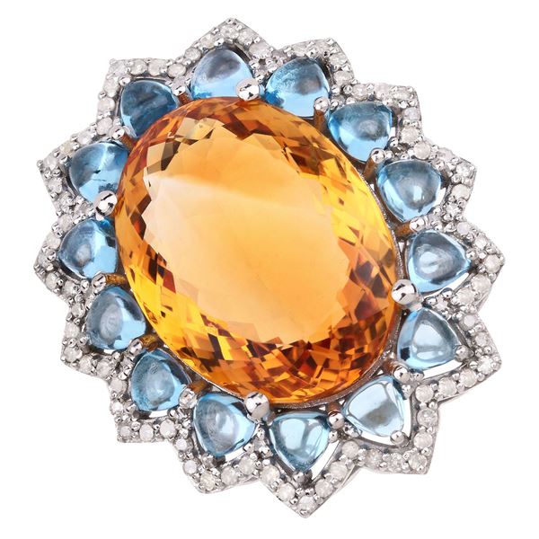 21.9 Carat Citrine, Blue Topaz Ring w/ Diamonds