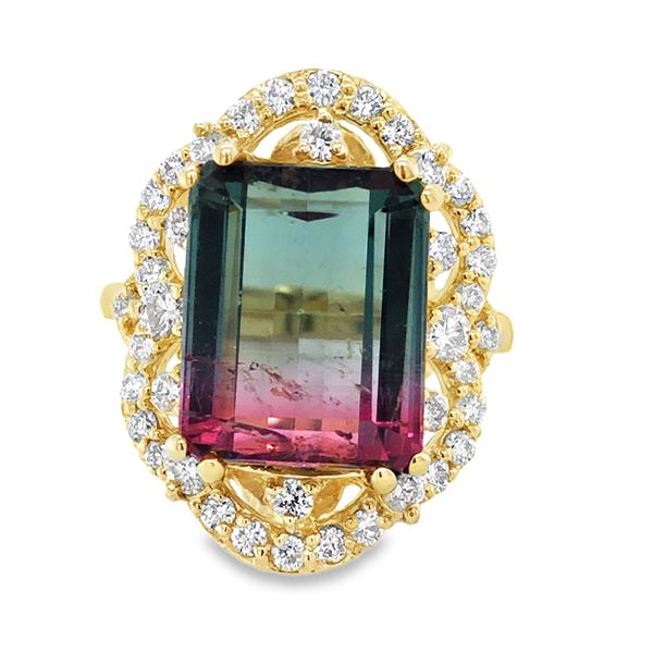 Large Watermelon Tourmaline and Diamond Ring