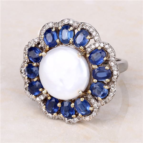 Coin Pearl, Kyanite, and Diamond Flower-Top Ring
