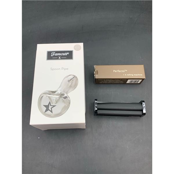 Famous X Glass Spoon Pipe 4in and Perfecto Rolling Machine