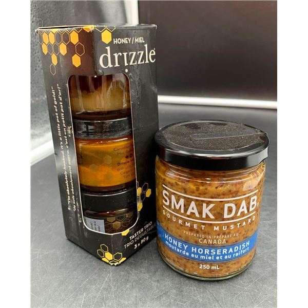 Drizzle Taster Trio Honey (3 x 80g) and Smak Dab Gourmet Mustard, Honey Horseradish (250ml)