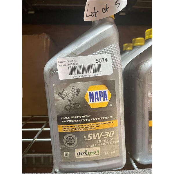 Lot of 5 NAPA Full Synthetic SAE 5W-30 Motor Oil 946ml