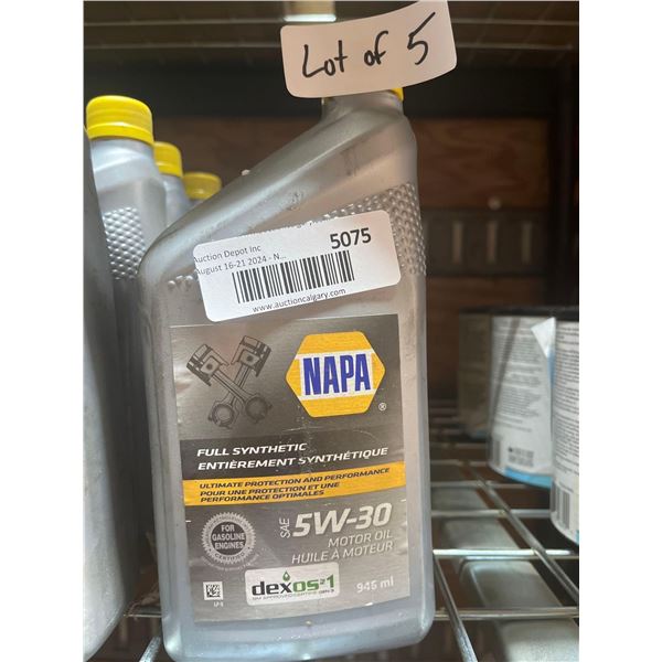 Lot of 5 NAPA Full Synthetic SAE 5W-30 Motor Oil 946ml