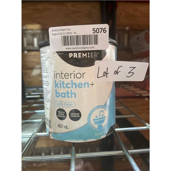 Lot of 3 Premier Interior Kitchen & Bath Satin Finish Paint 857ml
