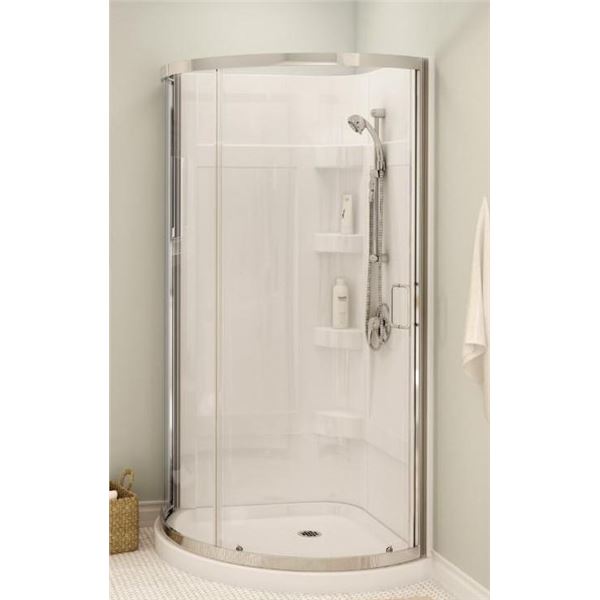 Cyrene 34 x 34 Acrylic Center Drain Shower Kit in White with Clear glass in Chrome