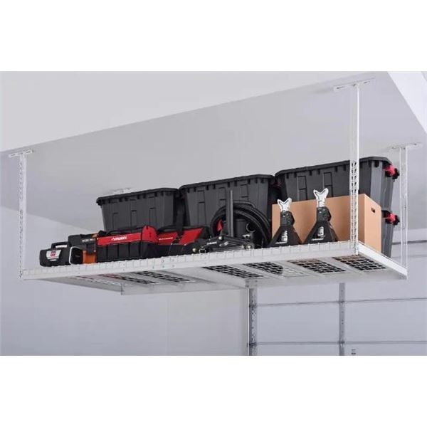 Adjustable Height Garage Overhead Ceiling Storage Rack in White (96 in. W x 32 in. D)