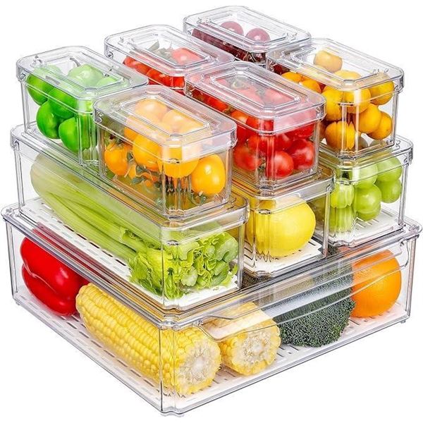 Fridge bins and organizers Set of 10 - Stackable refrigerator bins set includes 6 bins for food cont