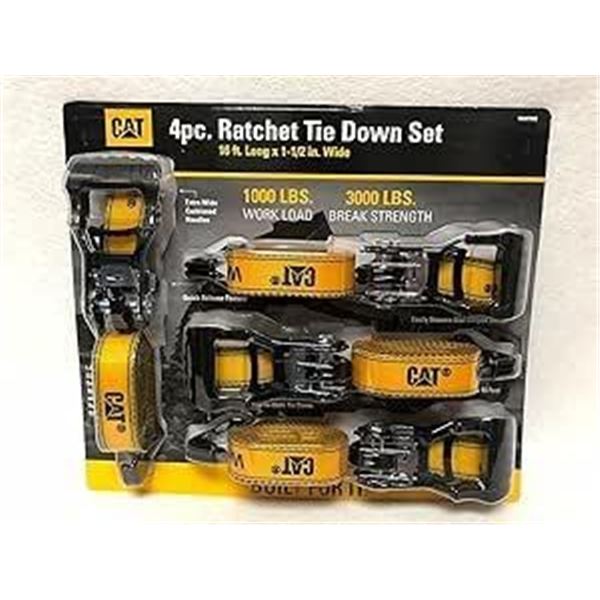 CAT 4pc Ratchet Tie Down Set 16ft Long x 1-1/2in Wide, Break Strength 3000 LB