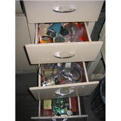 GROUP OF SMALL PARTS IN CABINET DRAWERS INC SENSORS, SWITCHES, ETC...