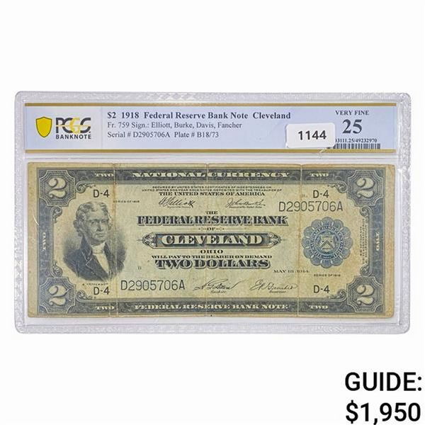 1918 $2 Fed. Reserve Note Cleveland PCGS VF 25