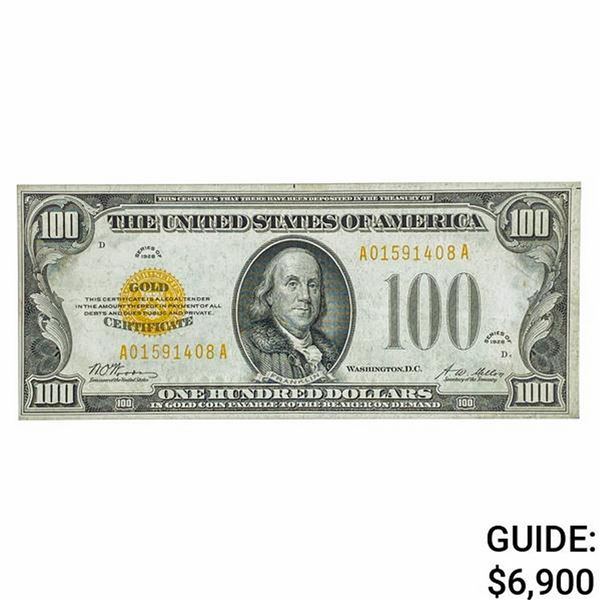 FR. 2405 1928 $100 ONE HUNDRED DOLLARS GOLD CERTIFICATE CURRENCY NOTE ABOUT UNCIRCULATED