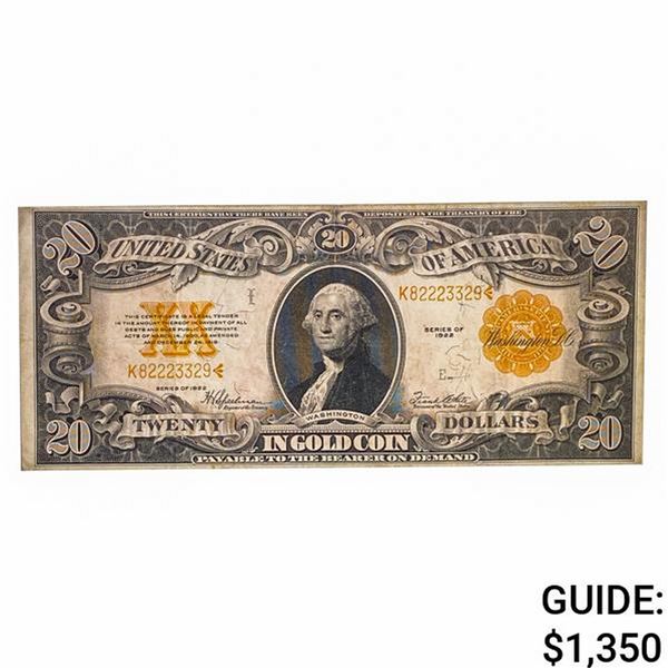 FR. 1187 1922 $20 TWENTY DOLLARS GOLD CERTIFICATE CURRENCY NOTE EXTREMELY FINE