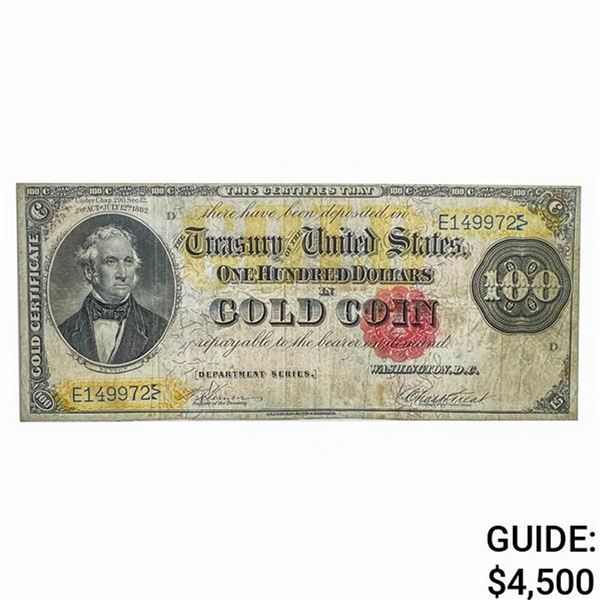 FR. 1208 1882 $100 ONE HUNDRED DOLLARS BENTON GOLD CERTIFICATE CURRENCY NOTE VERY FINE