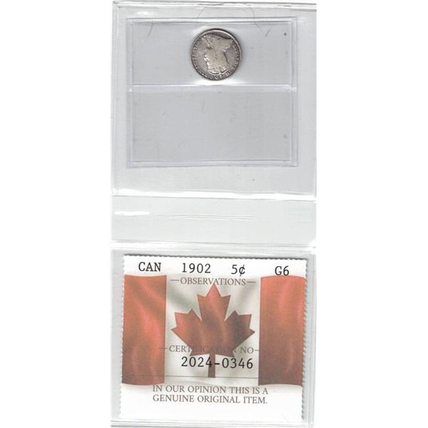 1902 Canada 5¢ Certified PCCS G6, Professional Coin Certification System