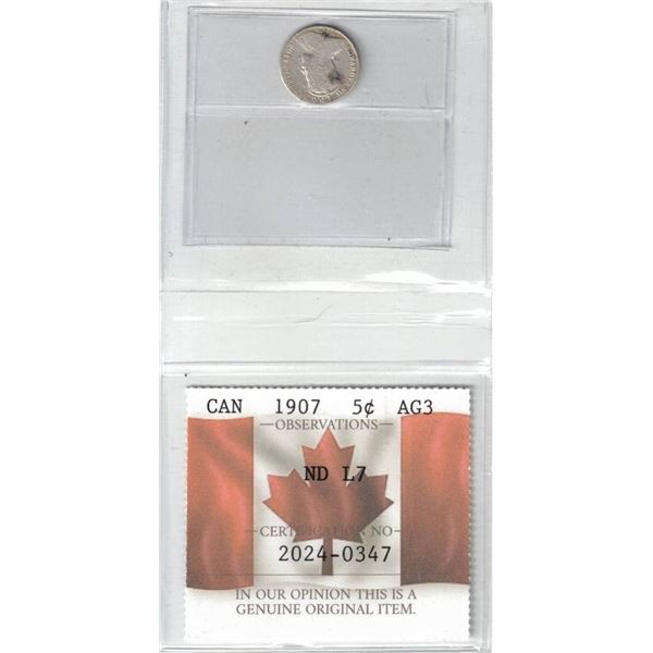 1907 Canada 5¢ ;ND L7; Certified PCCS AG3, Professional Coin Certification System