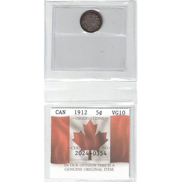 1912 Canada 5¢ Certified PCCS VG10, Professional Coin Certification System