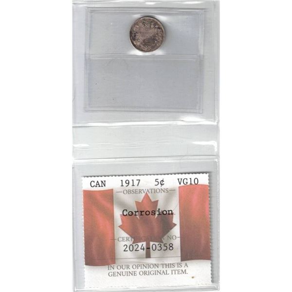 1917 Canada 5¢ Certified PCCS VG10, Professional Coin Certification System