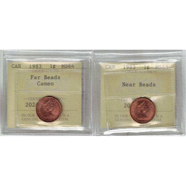 1983 x 2 Canada 1¢ Near Beads MS65, Far Beads; Cameo MS64, Professional Coin Certification System