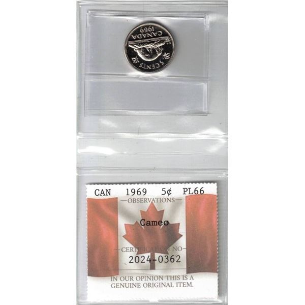 1969 Canada 5¢ ;Cameo Certified PCCS PL66, Professional Coin Certification System