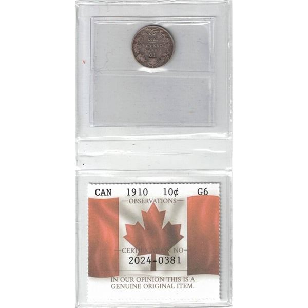 1910 Canada 10¢ ; Certified PCCS G6, Professional Coin Certification System