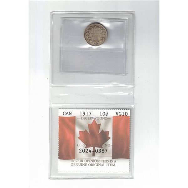 1917 Canada 10¢ Certified PCCS VG10, Professional Coin Certification System