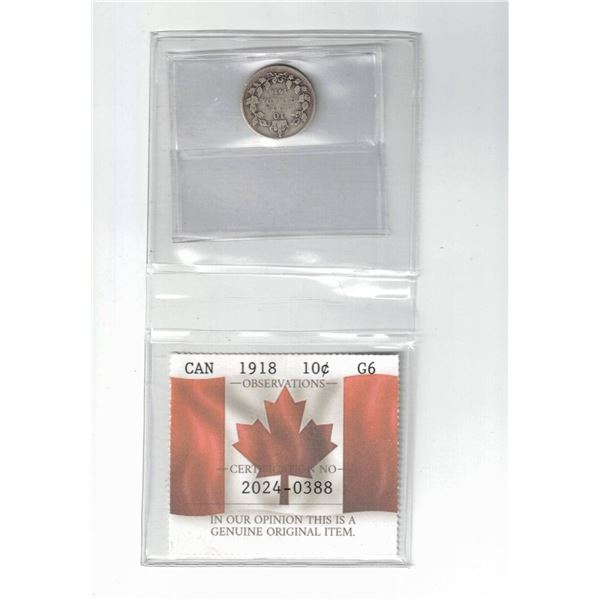 1918 Canada 10¢ Certified PCCS G6, Professional Coin Certification System