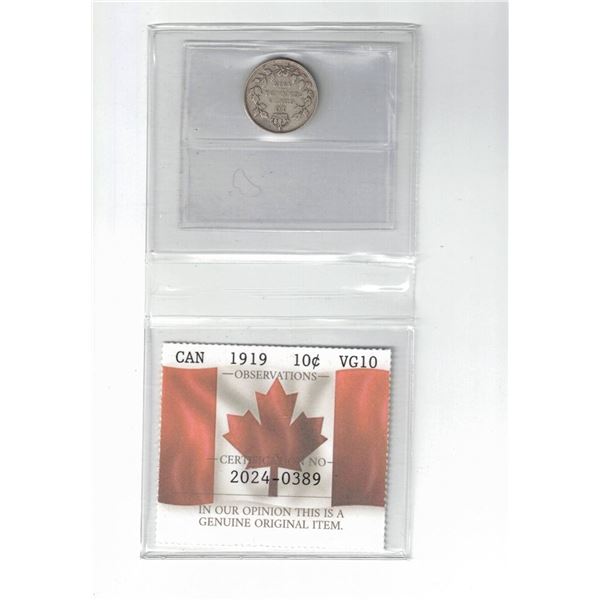 1919 Canada 10¢ Certified PCCS VG10, Professional Coin Certification System