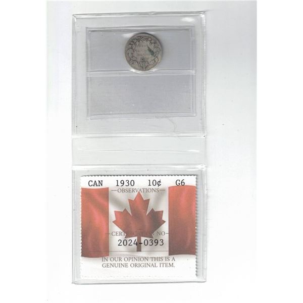 1930 Canada 10¢ Certified PCCS G6, Professional Coin Certification System
