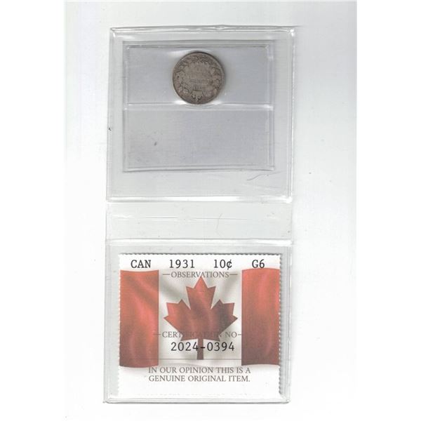 1931 Canada 10¢ Certified PCCS G6, Professional Coin Certification System
