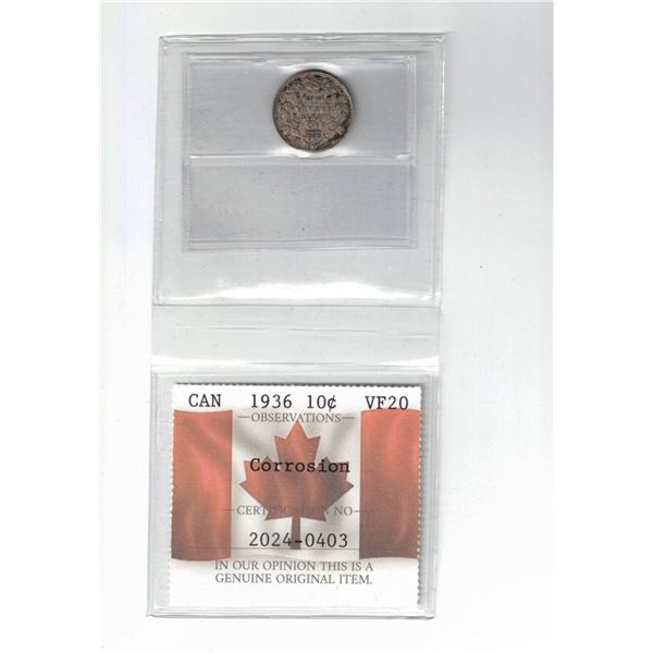 1936 Canada 10¢ Certified PCCS VF20 Corrosion, Professional Coin Certification System