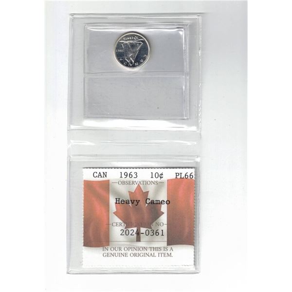 1963 Canada 10¢; Heavy Cameo, Certified PCCS PL66, Professional Coin Certification System