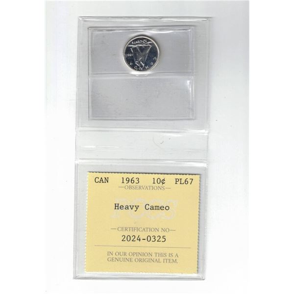 1963 Canada 10¢; Heavy Cameo, Certified PCCS PL67, Professional Coin Certification System
