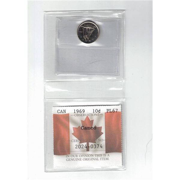 1969 Canada 10¢; Cameo, Certified PCCS PL67, Professional Coin Certification System